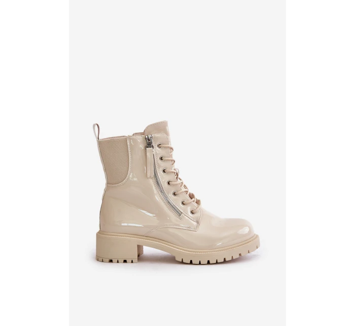 Lakované boty workerky na zip zateplené béžové Ravanthia Lakované boty workerky na zip zateplené béžové Ravanthia