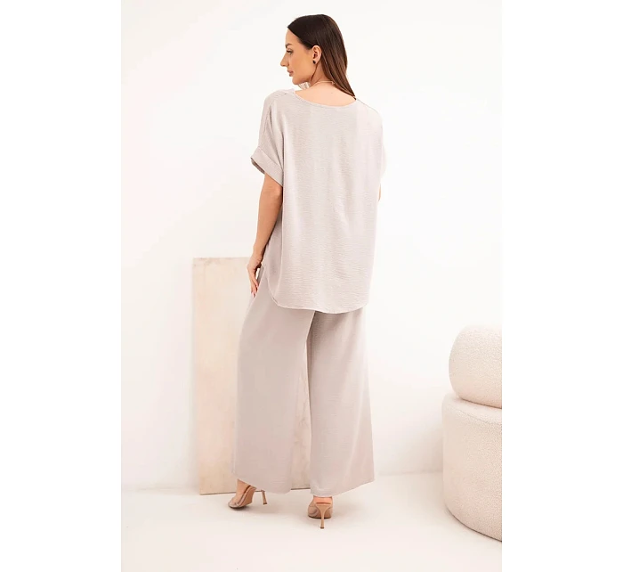 Komplet s náhrdelníkem halenka + kalhoty tmavě béžová