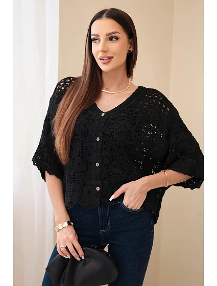 Dámský bavlněný ažurový svetr zapínaný na knoflíky s krátkým rukávem černý