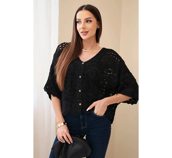 Dámský bavlněný ažurový svetr zapínaný na knoflíky s krátkým rukávem černý