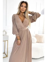 Dlouhé béžové dámské šaty se širokým opaskem a výstřihem model 21876183 - numoco basic