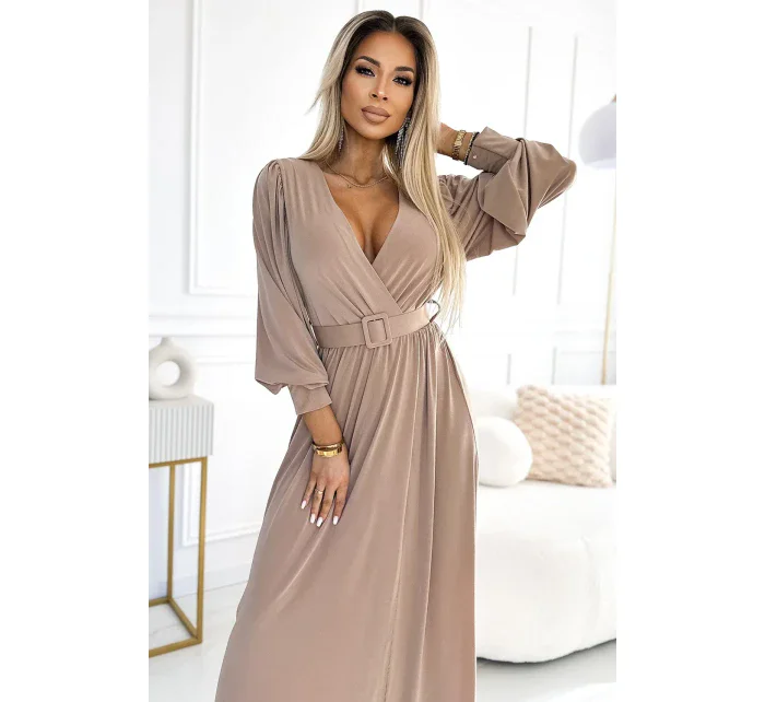 Dlouhé béžové dámské šaty se širokým opaskem a výstřihem model 21876183 - numoco basic