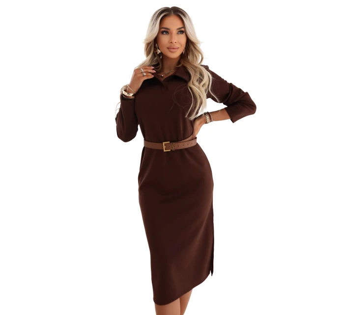 model 21884014 Elegantní midi šaty s límečkem a bočním rozparkem čokoládové - numoco basic