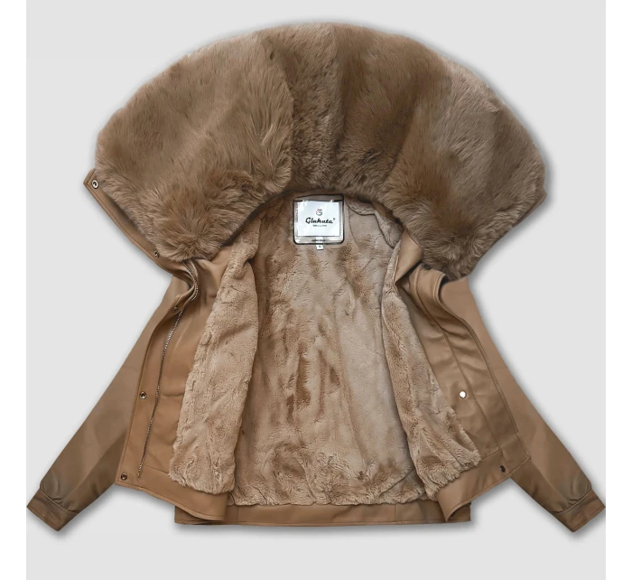 Kožená bunda ve velbloudí barvě s velkým kožešinovým límcem Glakate (LU98090#) Kožená bunda ve velbloudí barvě s velkým kožešinovým límcem Glakate (LU98090#)
