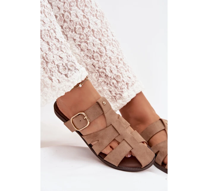 Dámské nazouváky na ploché podrážce s pásky a zlatou sponou Bežové Elzora