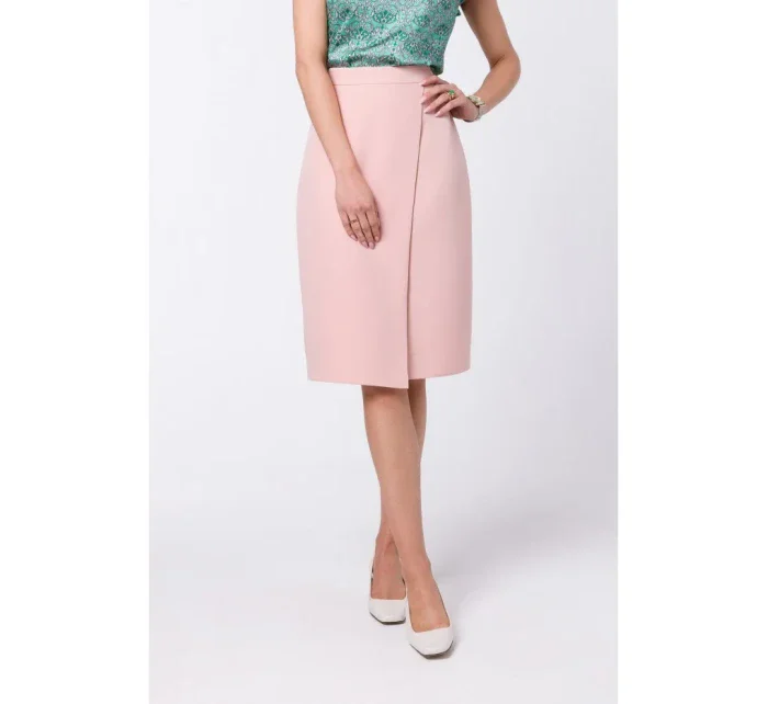 model 18360352 Sukně áčkového střihu se zavinovacími detaily pudrová - STYLOVE model 18360352 Sukně áčkového střihu se zavinovacími detaily pudrová - STYLOVE