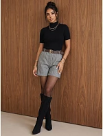 Elegantní dámské šortky s vzorem v šachovnici a páskem, šedé, FashionStreet SY0612 Elegantní dámské šortky s vzorem v šachovnici a páskem, šedé, FashionStreet SY0612
