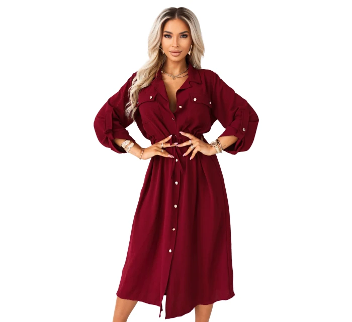 kostkované midi šaty s knoflíky a páskem vínové model 21921783 - numoco basic