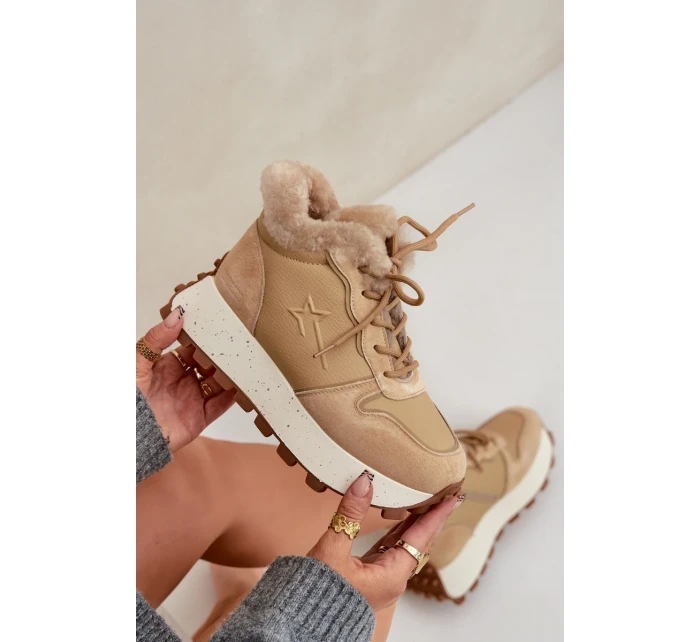 Kožené dámské tenisky trapery s kožíškem na platformě Big Star OO274A330 béžové Kožené dámské tenisky trapery s kožíškem na platformě Big Star OO274A330 béžové