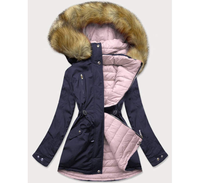 Tmavě modro-růžová odoustranná dámská zimní bunda s kapucí (W213)