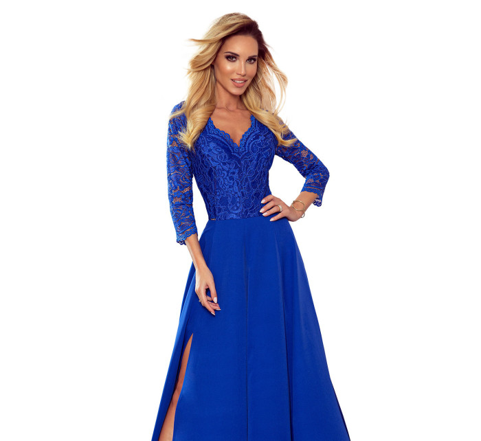 AMBER - Elegantní dlouhé krajkové dámské šaty v chrpové barvě s dekoltem 309-2
