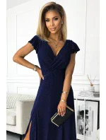 411-3 CRYSTAL třpytivé dlouhé šaty s výstřihem - ZELENÉ