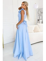 model 22141503 Elegantní večerní maxi šaty s rozparkem a růžemi modré - numoco
