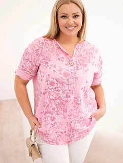 Dámská bavlněná halenka Plus Size s krátkým rukávem a ozdobným knoflíkem světle růžová