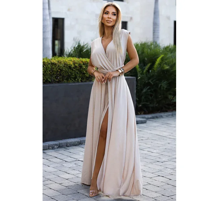 Elegantní béžové dlouhé dámské šaty s brokátem a s model 20110813 - numoco