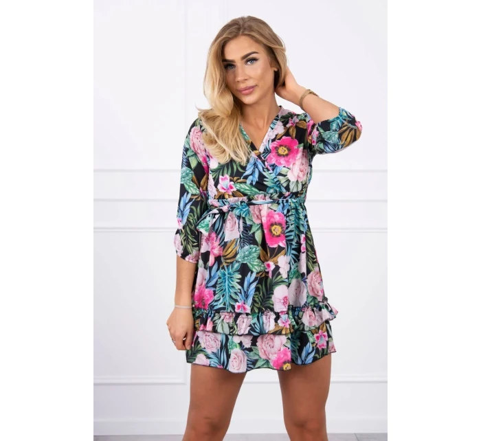 Květinové šaty s vázáním v pase černé Květinové šaty s vázáním v pase černé