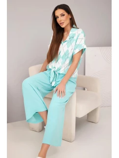 Komplet dámský viskózový košile s vázáním a kalhoty s gumou mátová