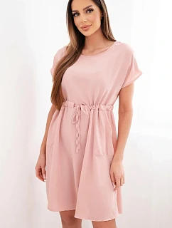 Dámské šaty s krátkým rukávem a zavazováním v pase tmavě pudrově růžové