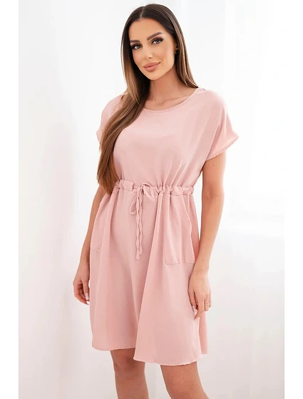 Dámské šaty s krátkým rukávem a zavazováním v pase tmavě pudrově růžové