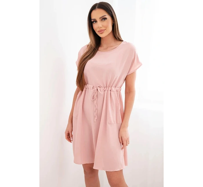 Dámské šaty s krátkým rukávem a zavazováním v pase tmavě pudrově růžové
