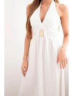 Dámské viskózové maxi šaty vázané za krk s ozdobnou přezkou ecru