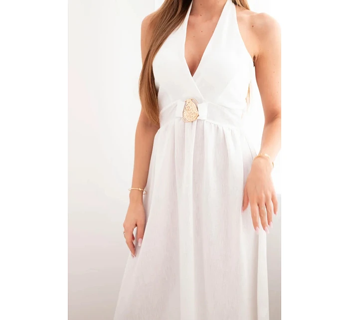 Dámské viskózové maxi šaty vázané za krk s ozdobnou přezkou ecru