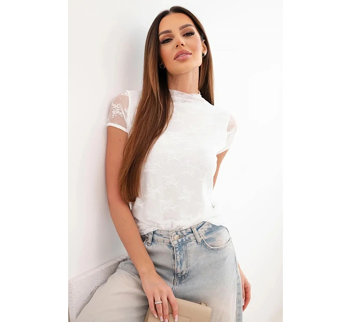 Dámská viskózová krajková halenka s krátkým rukávem a model 22048757 bílá - K-Fashion