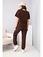 Dámský bavlněný komplet halenka s krátkým rukávem a teplákové kalhoty hnědý
