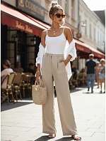 Dámské lněné kalhoty s širokými nohavicemi béžové FashionStreet UY3079 Dámské lněné kalhoty s širokými nohavicemi béžové FashionStreet UY3079