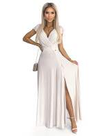 CRYSTAL - Dlouhé béžové lesklé dámské šaty s výstřihem 411-4