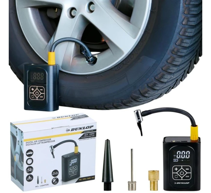 KOMPRESOR DO AUTA DUNLOP 150 PSI DIGITÁLNÍ KOMPRESOR S FUNKCÍ POWERBANKY