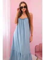 Dámské šaty na ramínka s volánem světlý denim