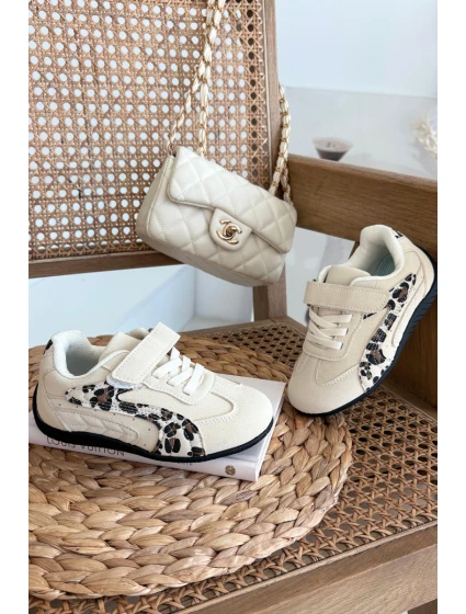 Dětské sportovní boty na suchý zip s leopardím vzorem Perrin – béžové