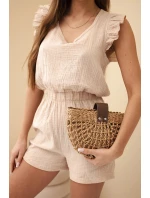 Dámský bavlněný overal bez rukávů s vázáním v pase ecru