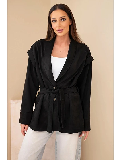 Dámský viskózový kabát s páskem a černý model 22294744 - K-Fashion