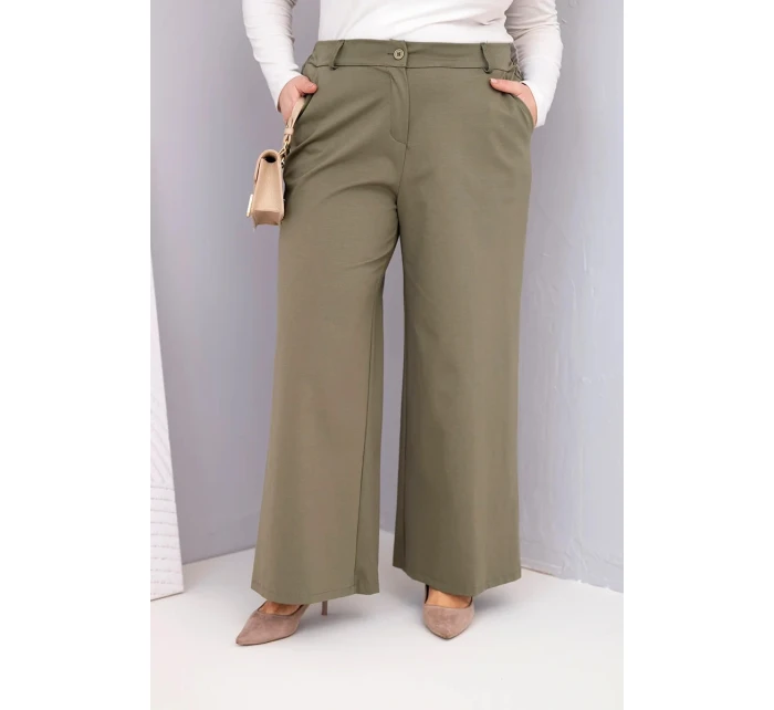 Dámské kalhoty Plus Size s širokým nohavicí a vysokým pasem khaki