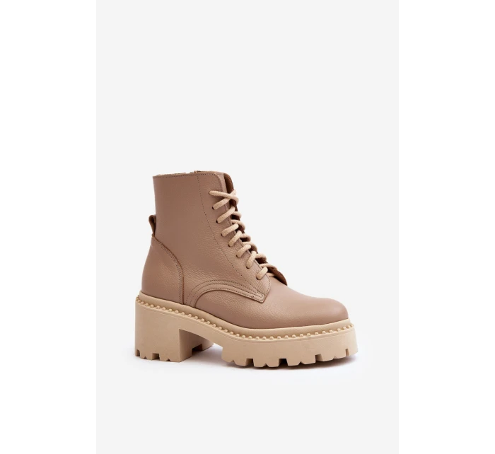 Dámské kožené botky na podpatku béžové model 21644578 - Zazoo