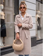 Dlouhý dámský dvouřadý kabát s páskem, béžový, FashionStreet NY0805 Dlouhý dámský dvouřadý kabát s páskem, béžový, FashionStreet NY0805