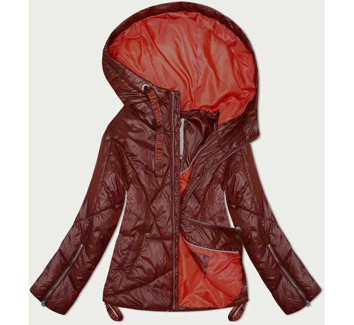 Tmavě rudá prošívaná dámská bunda pro přechodné období s kapucí (21300)