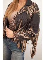 Dámská semišová bunda s leopardím vzorem a třásněmi černá