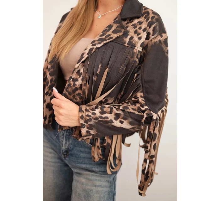 Dámská semišová bunda s leopardím vzorem a třásněmi černá