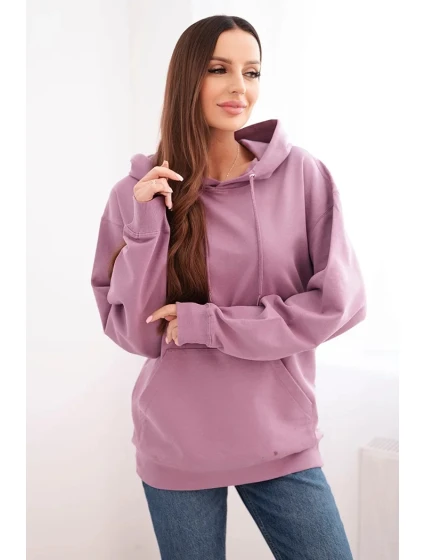 Dámská mikina s kapucí a klokaní kapsou z pletací bavlny tmavě růžová