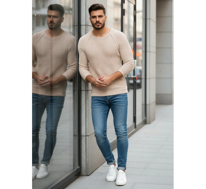 Pánský svetr přes hlavu béžový WX1578 Pánský svetr přes hlavu béžový WX1578