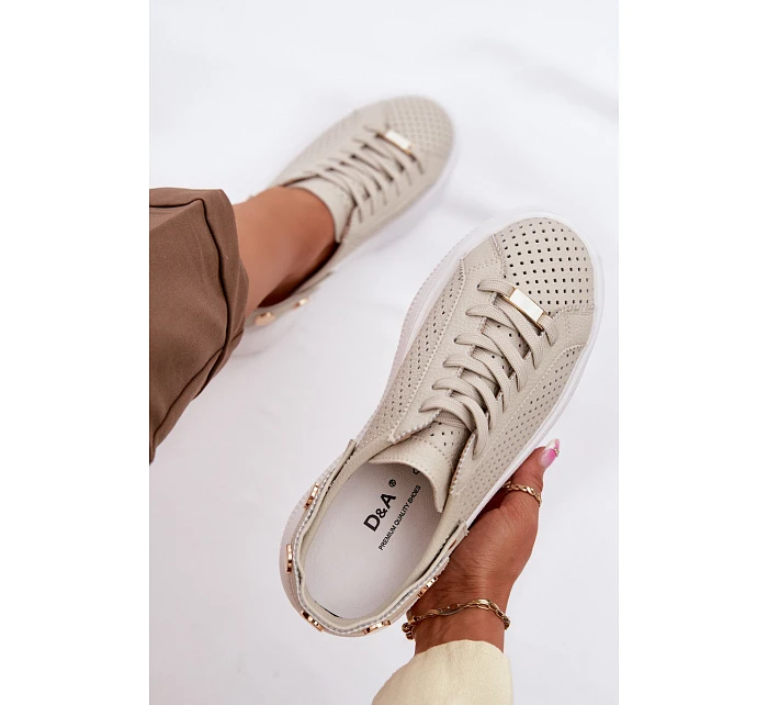 Kožené síťované dámské tenisky na platformě s páskem na podpatku D&A LR61-7088 béžové