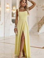 633-3 AURELIA dlouhé svatební šaty s rozparkem a výstřihem typu caro - máslově žluté s třpytkami