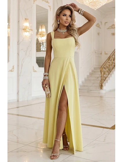 dlouhé šaty s rozparkem a výstřihem typu  žluté s třpytkami model 22092786 - numoco