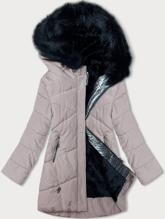 Dámská zimní bunda v barvě "nude" s kožešinou (V715)