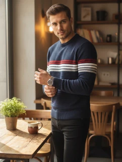 Pánský pruhovaný tmavě modrý svetr FashionStreet WX2281