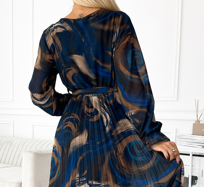 Dlouhé dámské plisované šifonové šaty s výstřihem, dlouhými rukávy, páskem a se vzorem světle modro-béžových vln 519-1