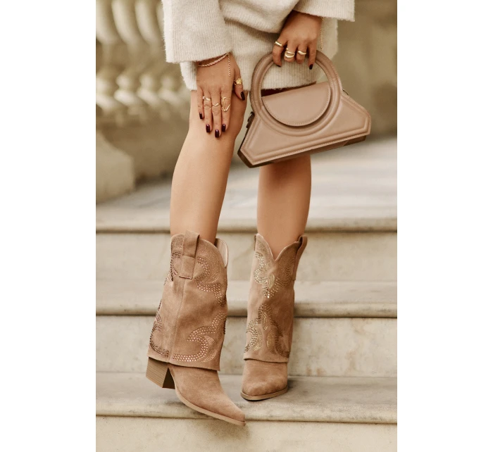 Zdobené Kotníkové Boty Koval na Polovině Lýtka na Podpatku S.Barski HY42-153 Kamel